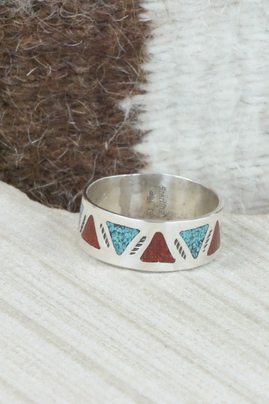 Turquoise & Coral Inlay Sterling Silver Ring - Raymond Begay - Size 13.25