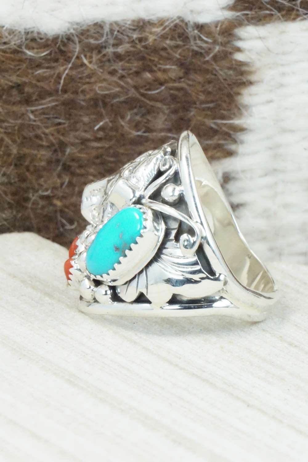 Turquoise, Coral and Sterling Silver Ring - Jeanette Saunders - Size 10.75