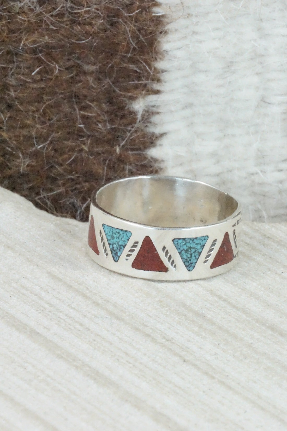 Turquoise & Coral Inlay Sterling Silver Ring - Raymond Begay - Size 13.25