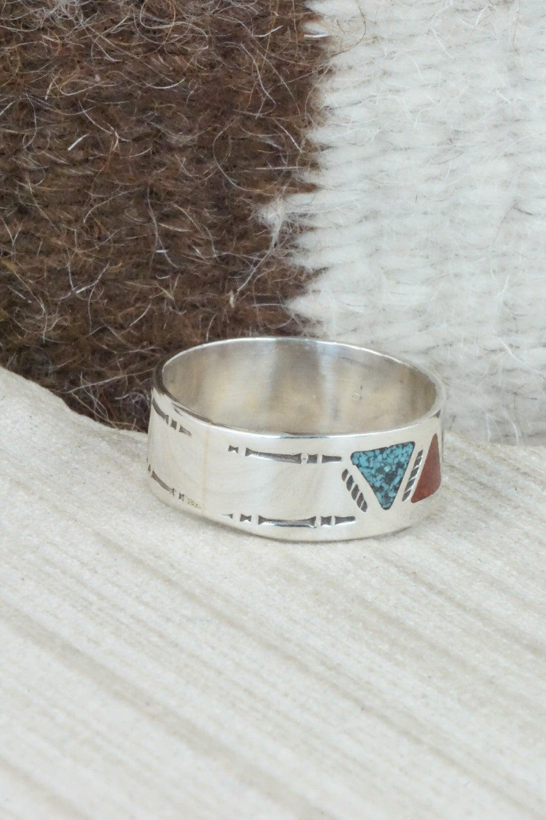 Turquoise & Coral Inlay Sterling Silver Ring - Raymond Begay - Size 13.25