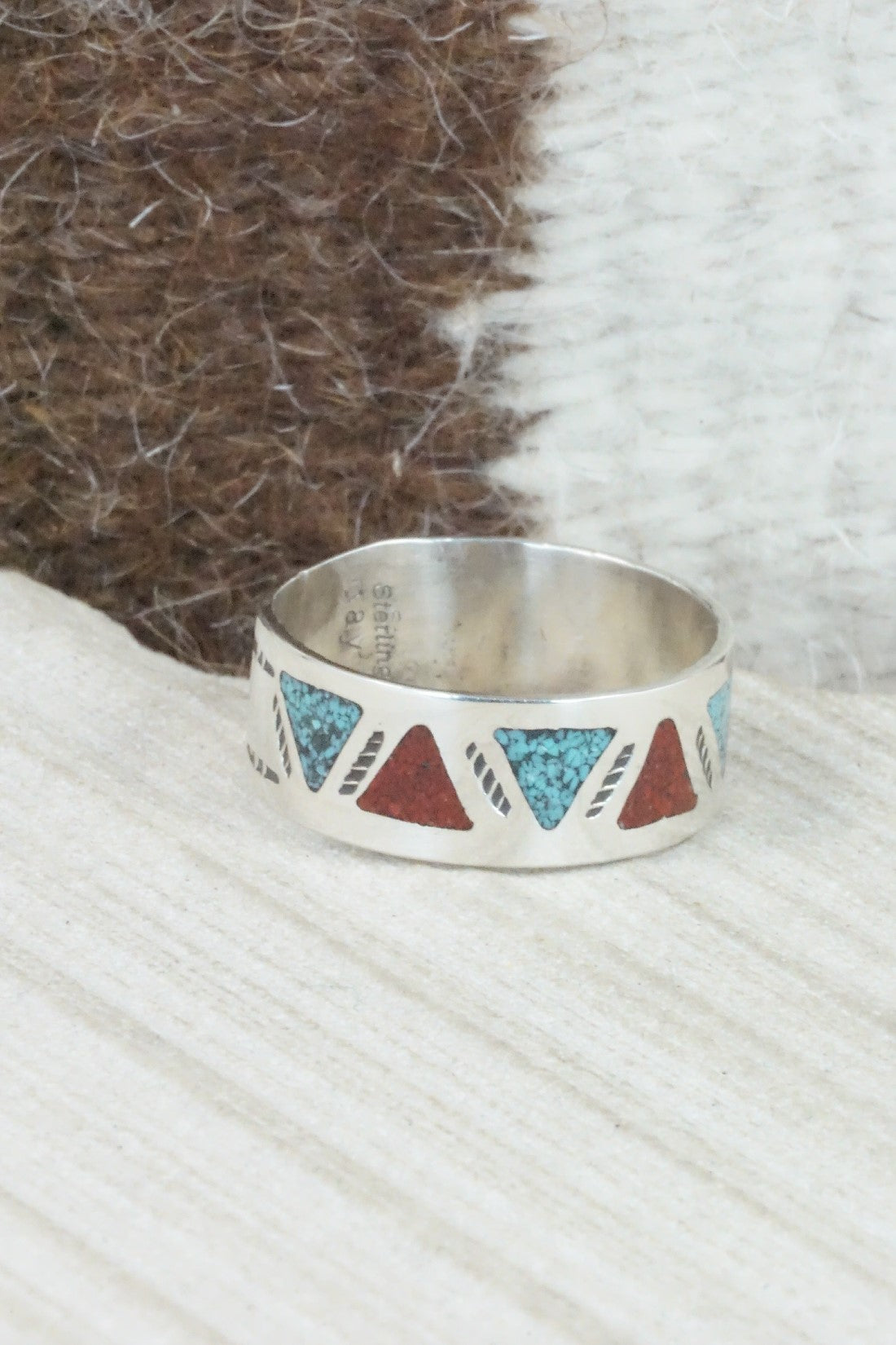 Turquoise & Coral Inlay Sterling Silver Ring - Raymond Begay - Size 13.25