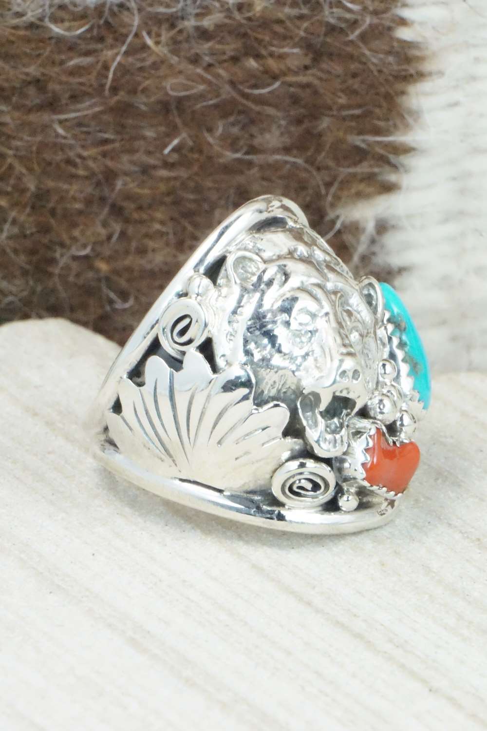 Turquoise, Coral and Sterling Silver Ring - Jeanette Saunders - Size 10.75