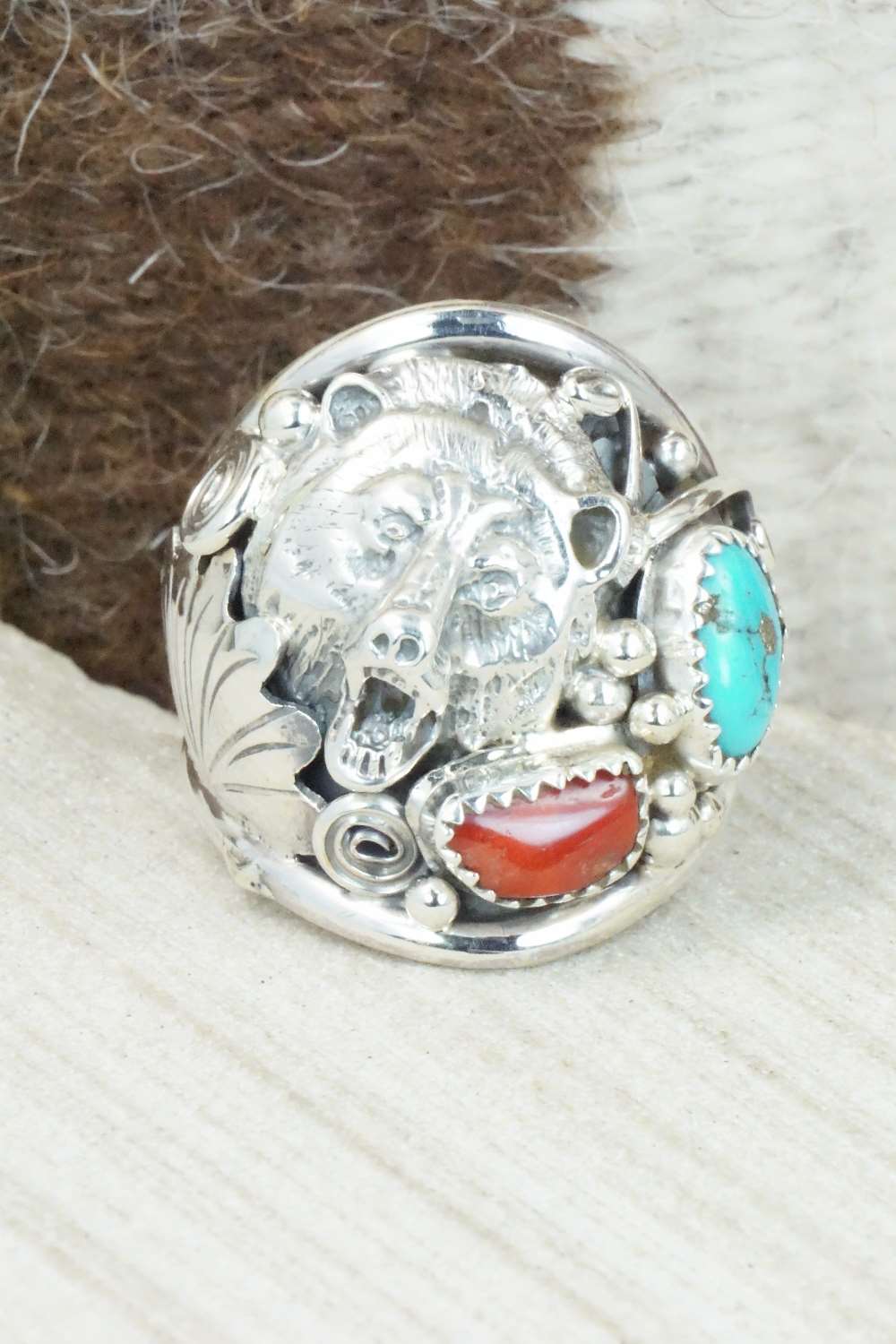 Turquoise, Coral and Sterling Silver Ring - Jeanette Saunders - Size 12