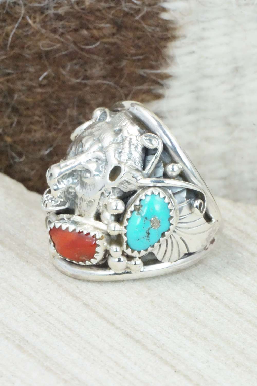 Turquoise, Coral and Sterling Silver Ring - Jeanette Saunders - Size 12