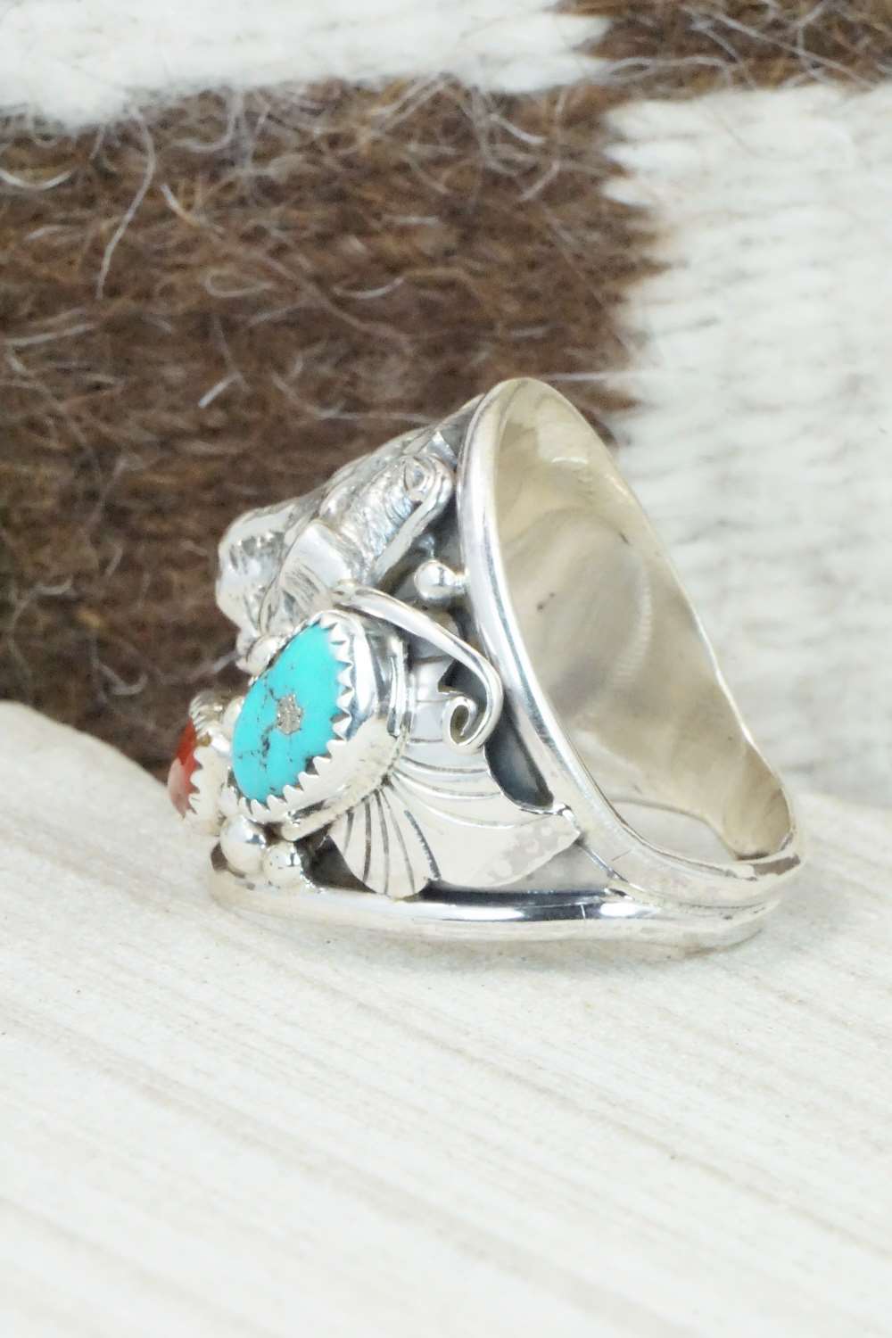 Turquoise, Coral and Sterling Silver Ring - Jeanette Saunders - Size 12