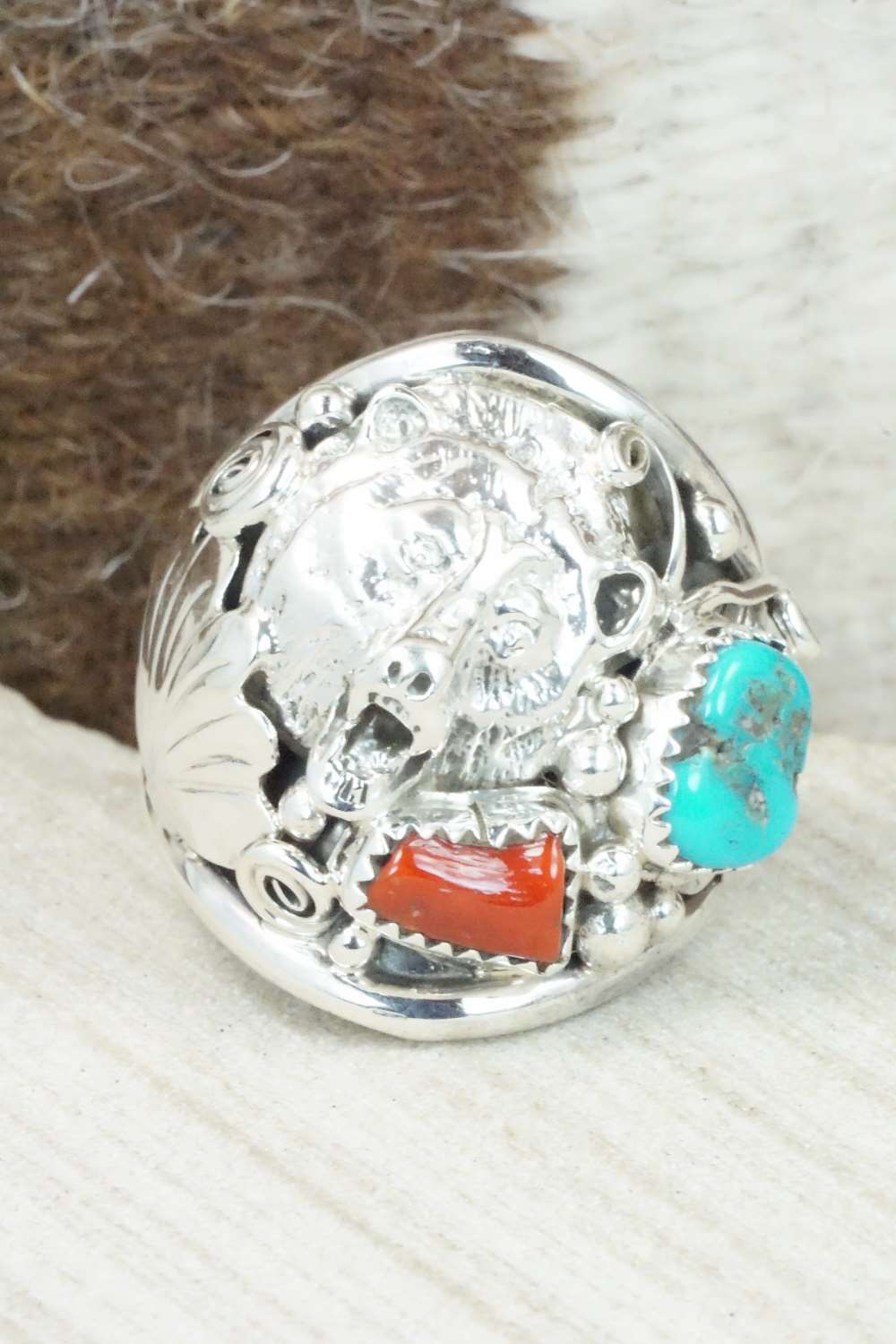 Turquoise, Coral and Sterling Silver Ring - Jeanette Saunders - Size 12.75