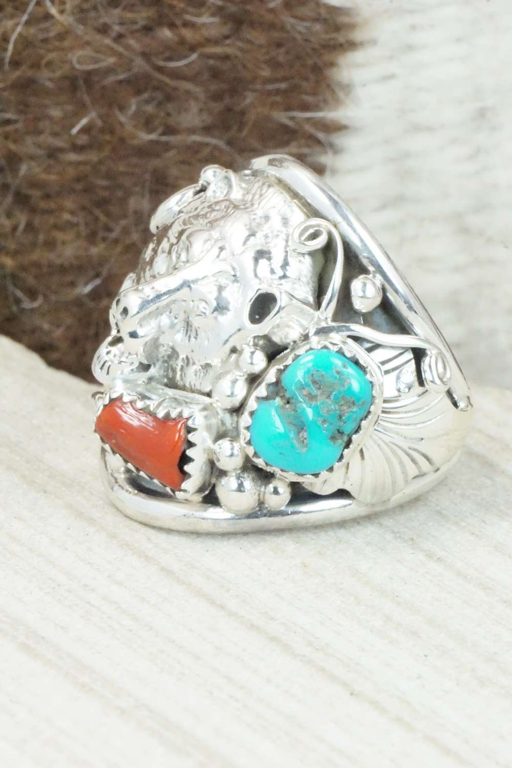 Turquoise, Coral and Sterling Silver Ring - Jeanette Saunders - Size 12.75