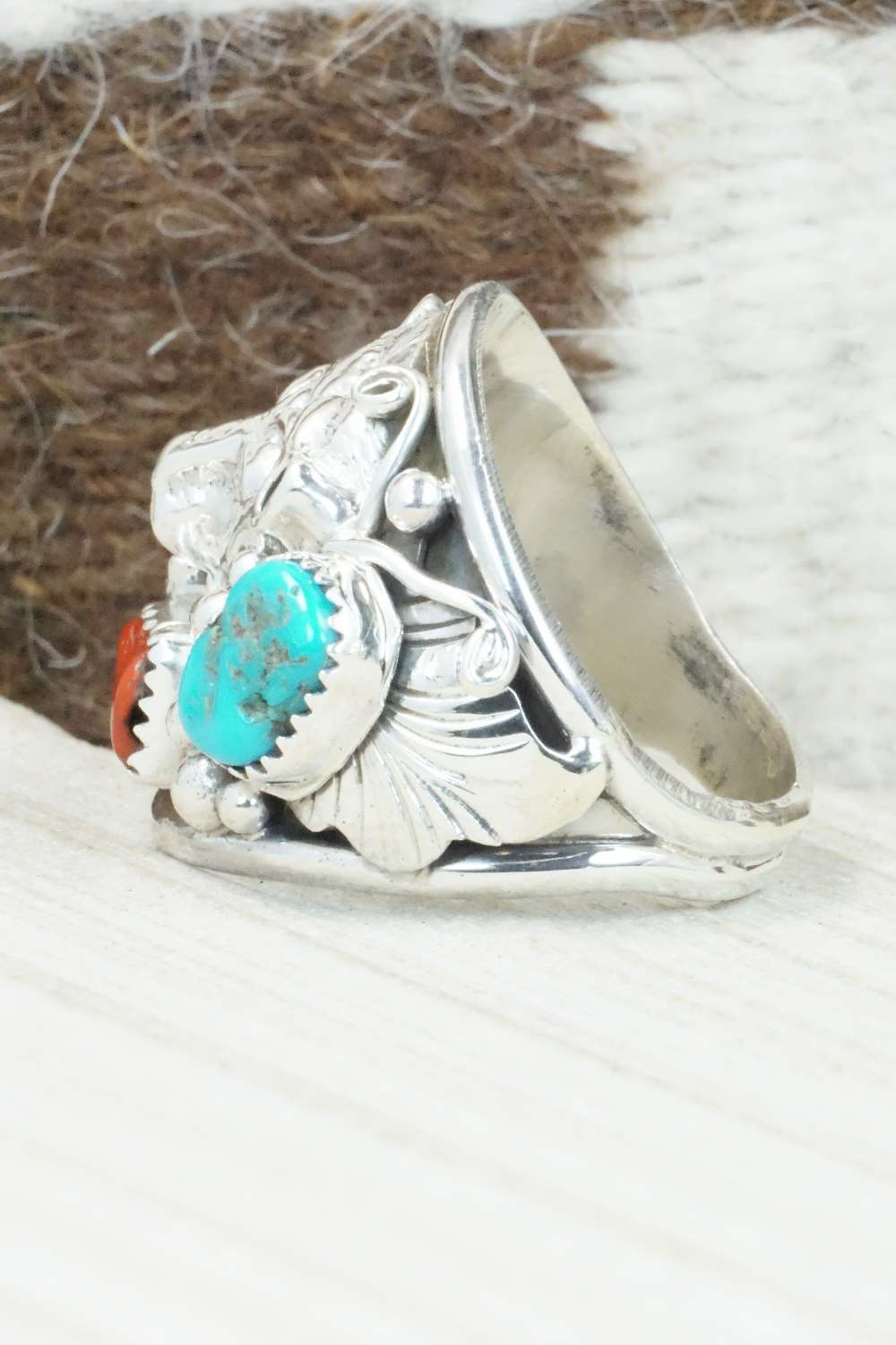 Turquoise, Coral and Sterling Silver Ring - Jeanette Saunders - Size 12.75