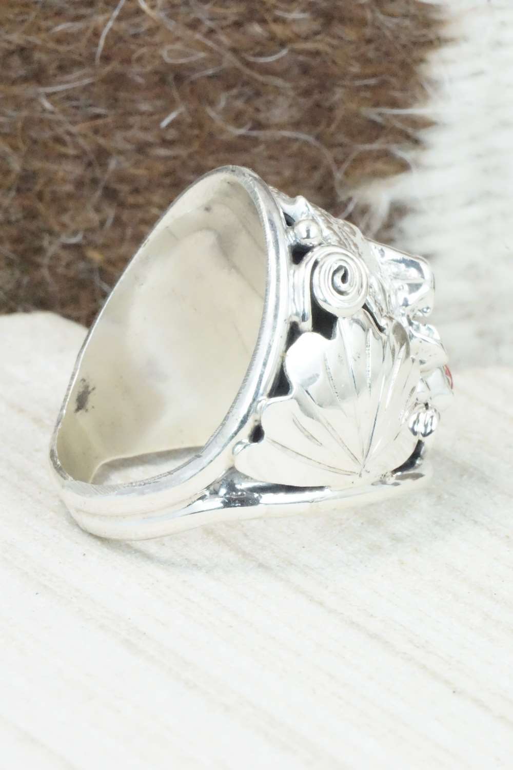 Turquoise, Coral and Sterling Silver Ring - Jeanette Saunders - Size 12.75