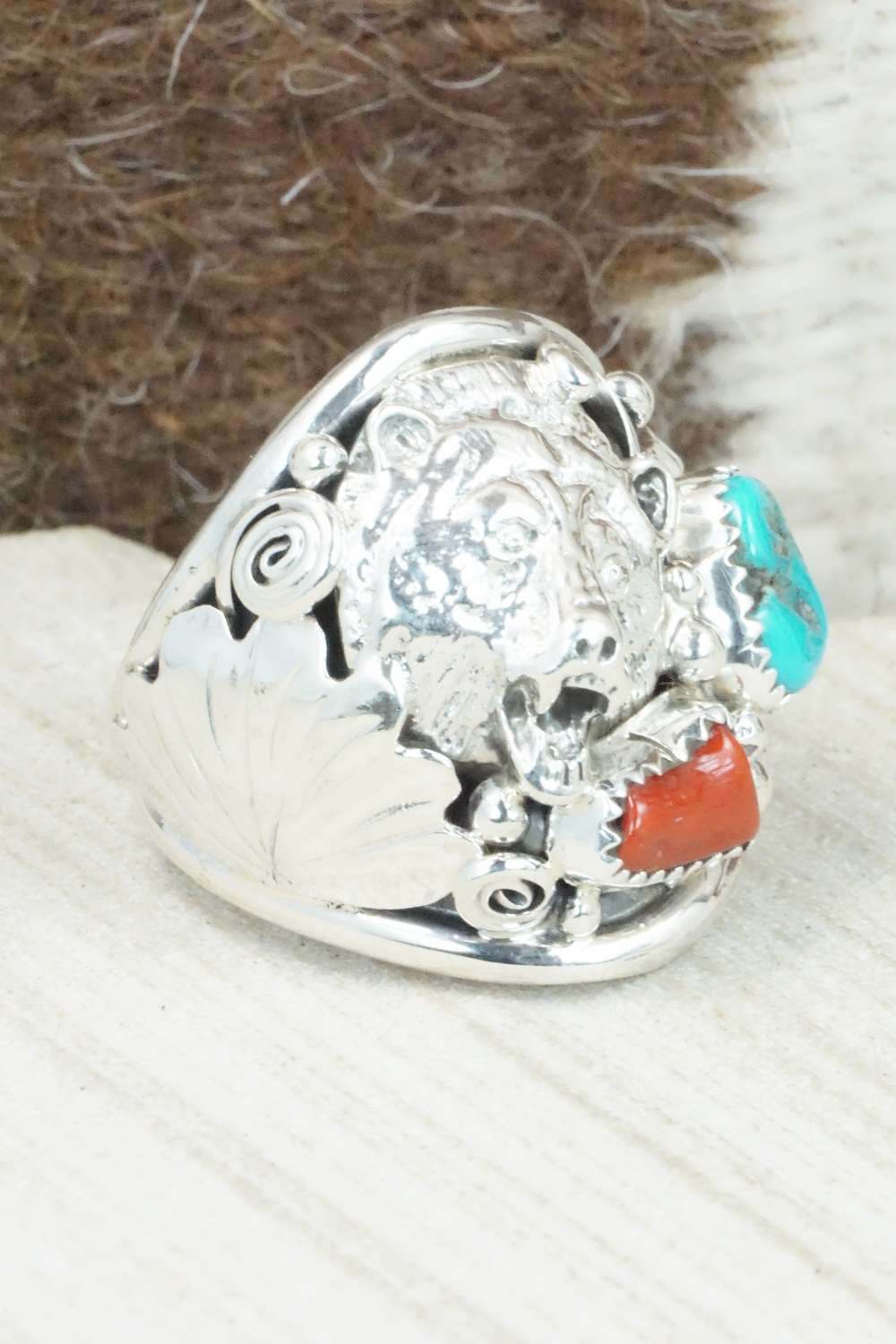 Turquoise, Coral and Sterling Silver Ring - Jeanette Saunders - Size 12.75