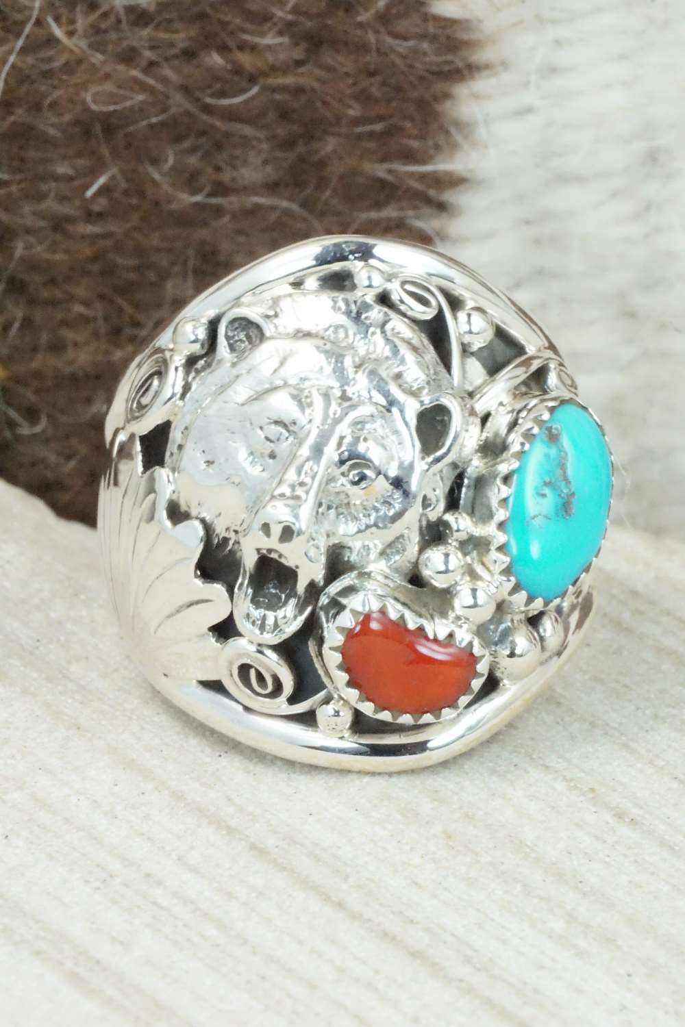 Turquoise, Coral and Sterling Silver Ring - Jeanette Saunders - Size 14