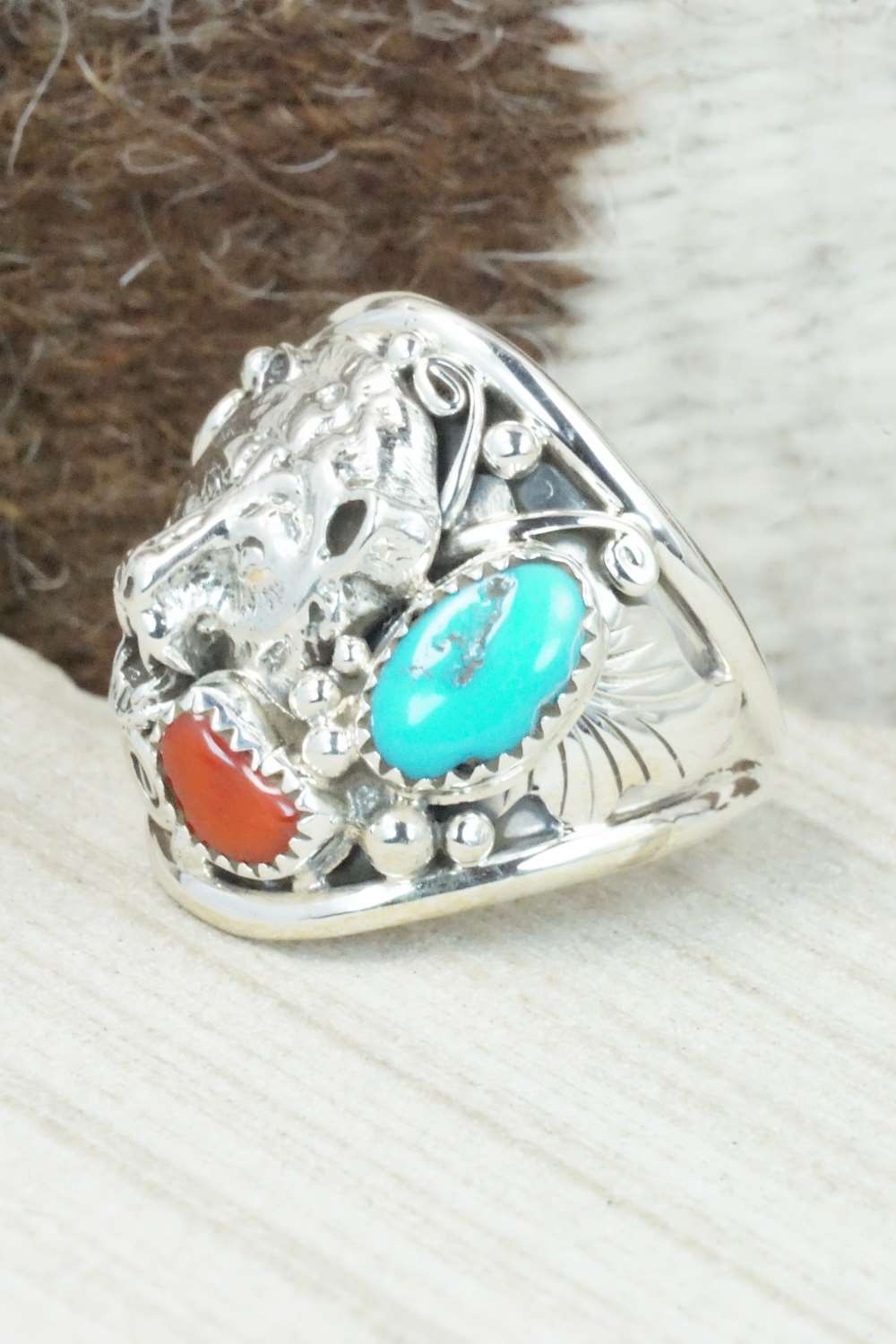 Turquoise, Coral and Sterling Silver Ring - Jeanette Saunders - Size 14