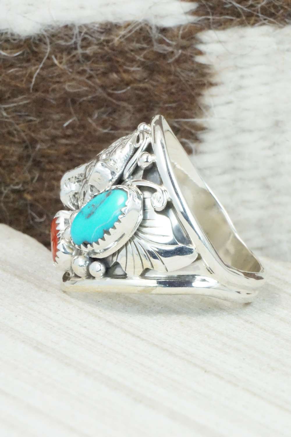 Turquoise, Coral and Sterling Silver Ring - Jeanette Saunders - Size 14