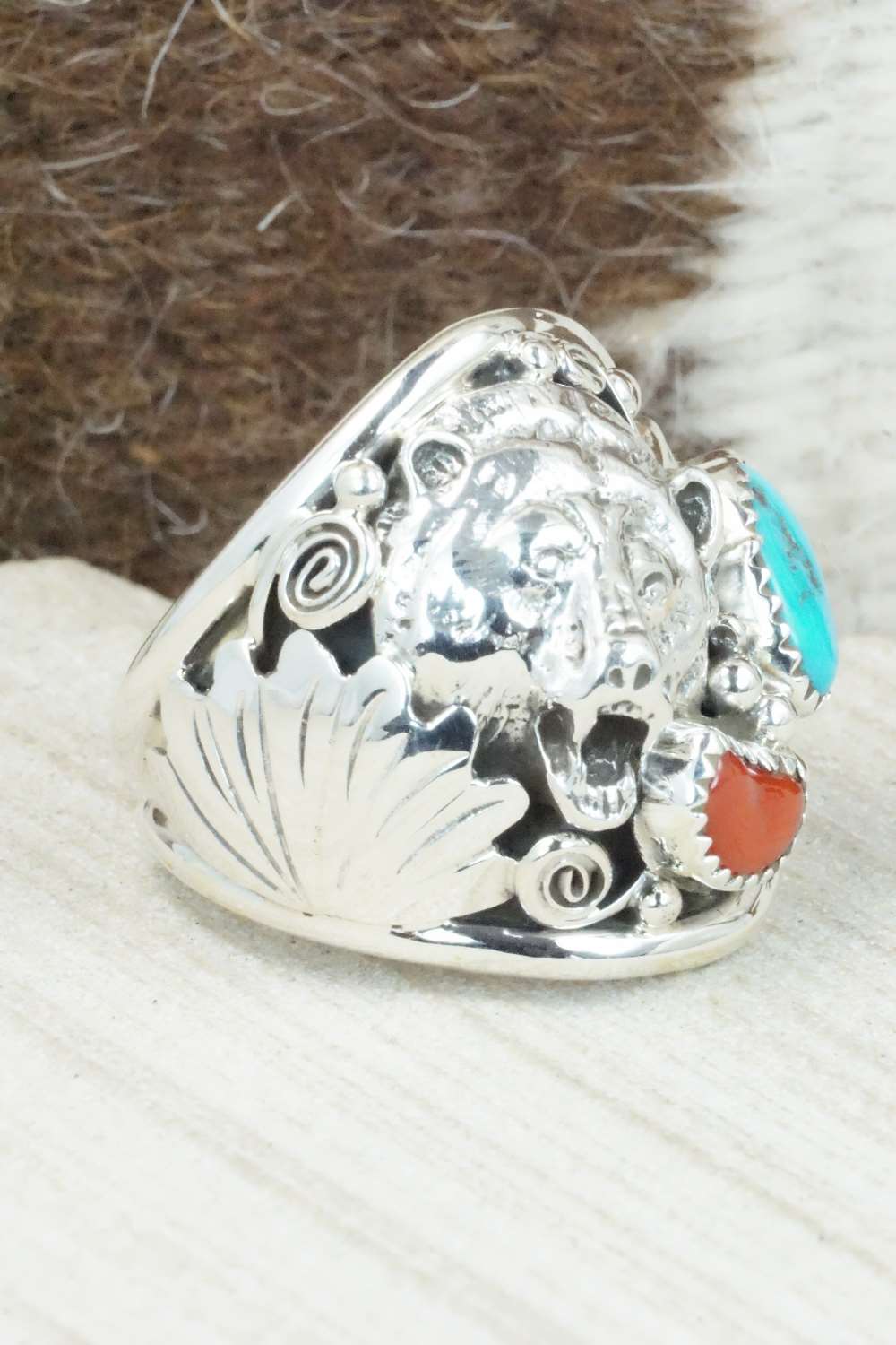 Turquoise, Coral and Sterling Silver Ring - Jeanette Saunders - Size 14