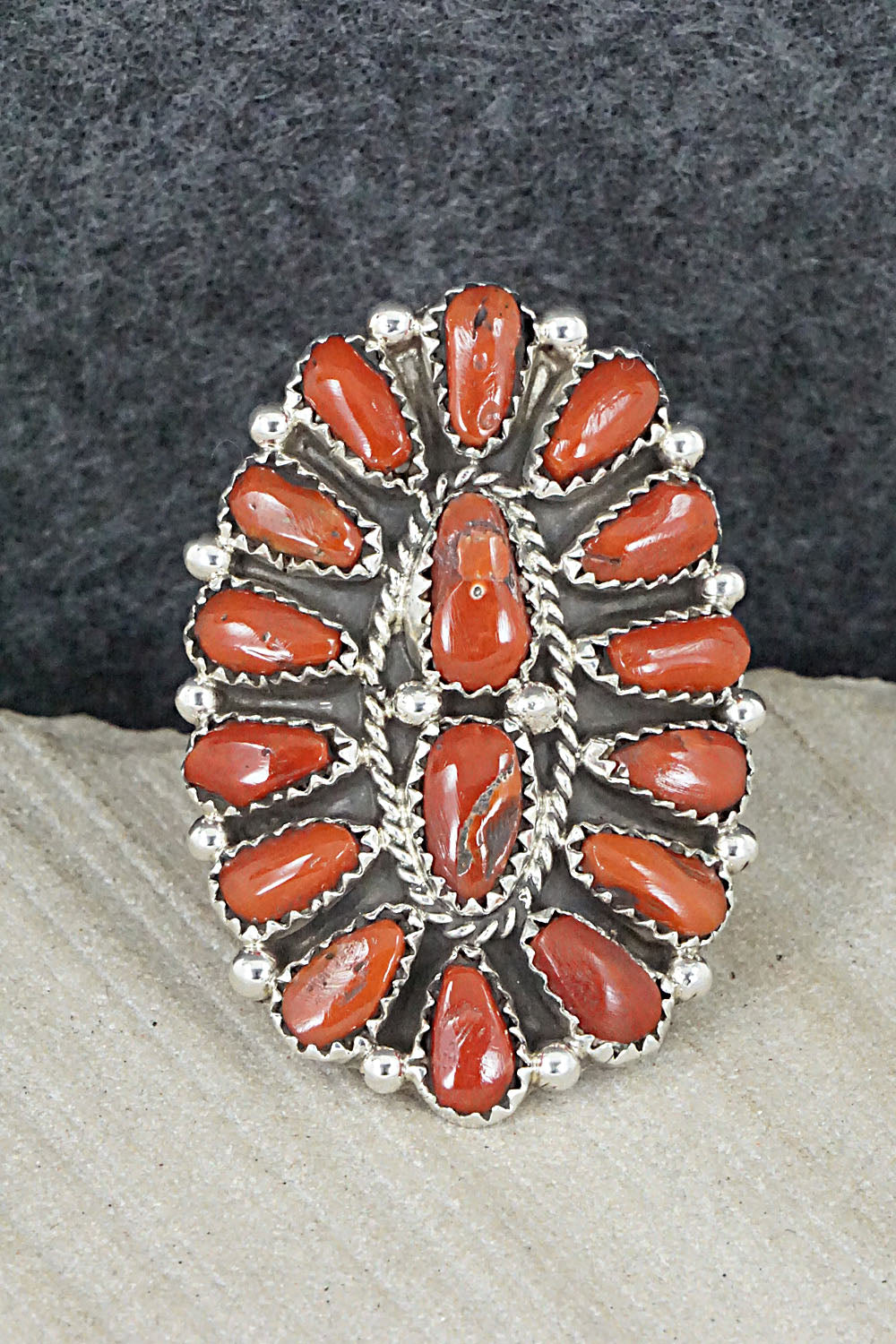 Coral and Sterling Silver Ring - Justina Wilson - Size 6.75