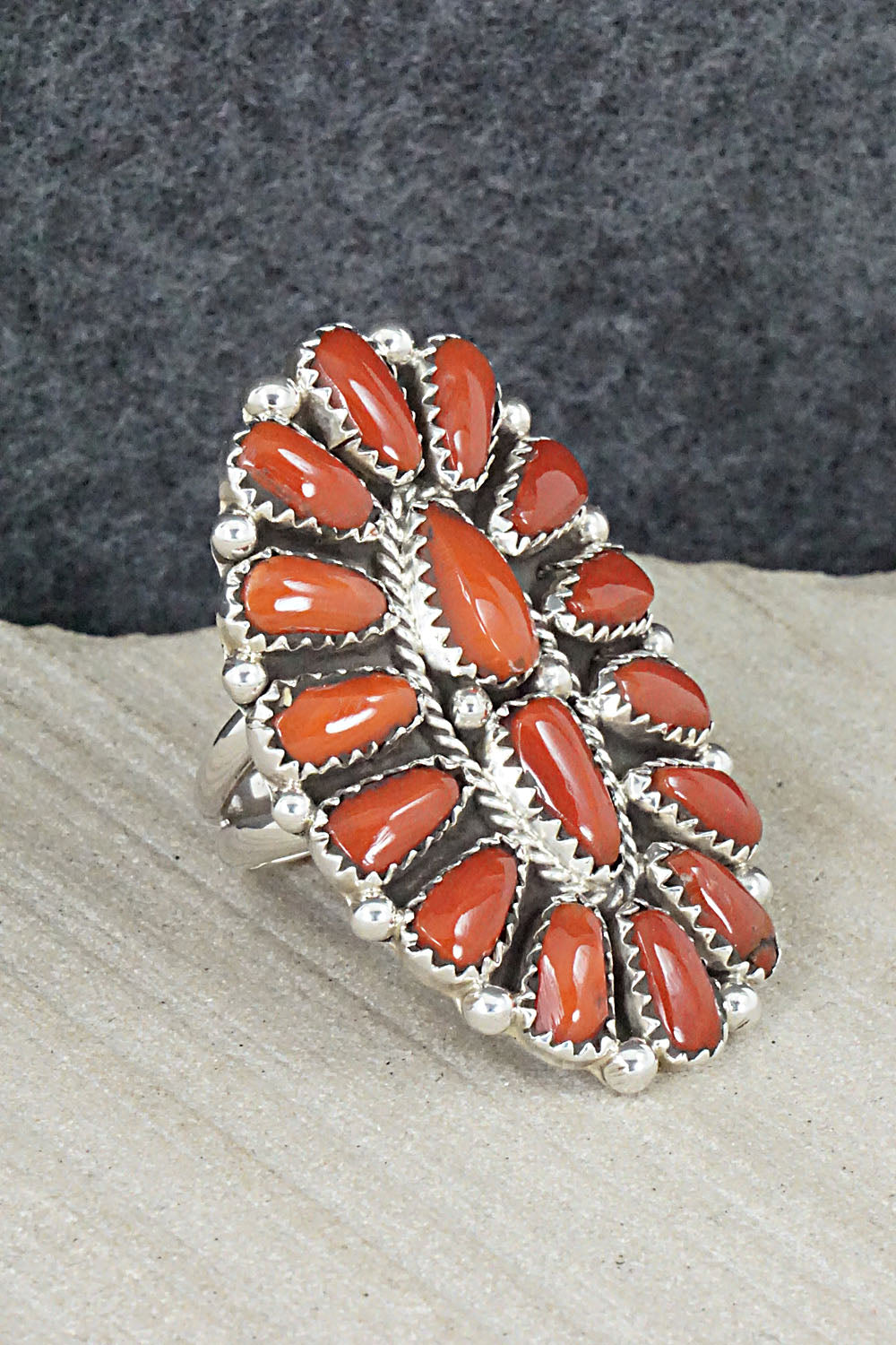 Coral and Sterling Silver Ring - Justina Wilson - Size 6.5