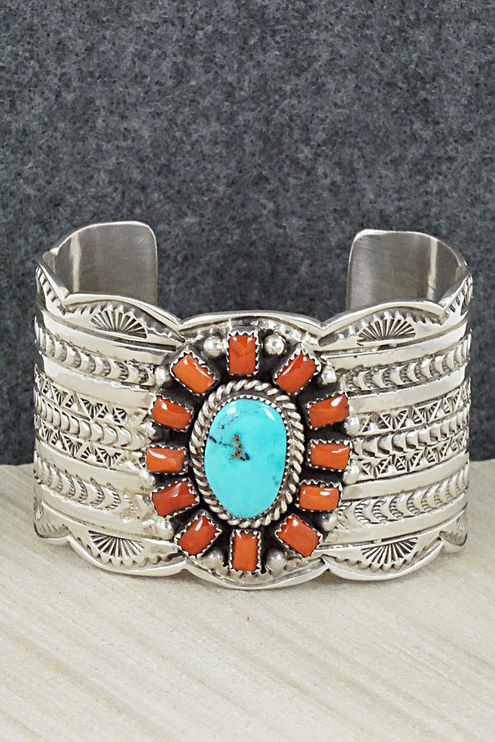 Turquoise, Coral and Sterling Silver Bracelet - Matilda Jon
