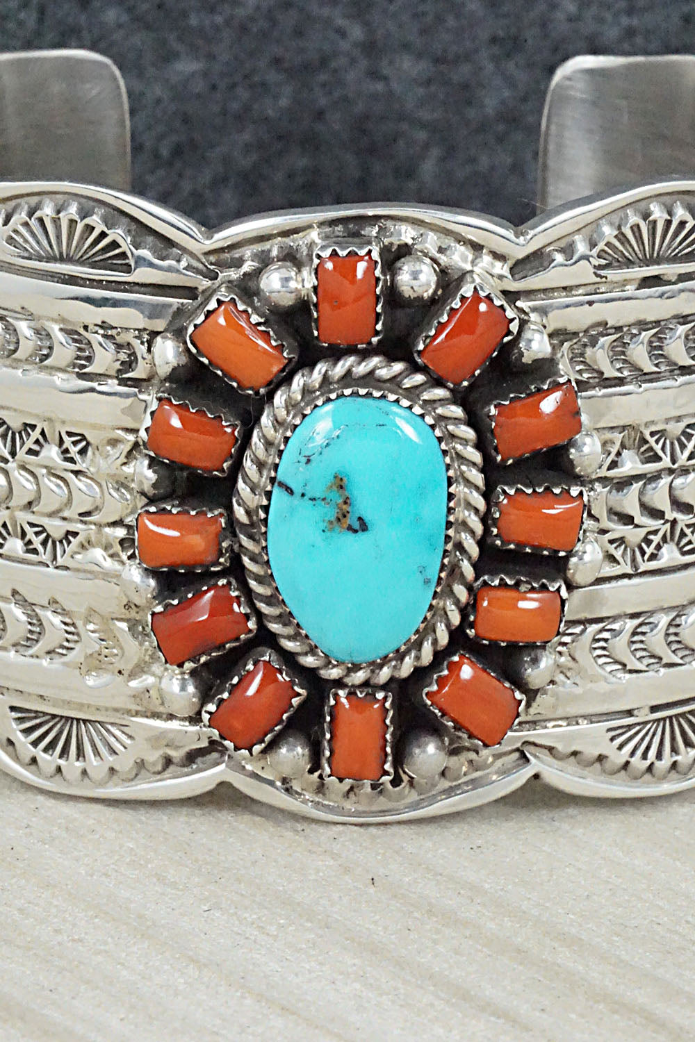 Turquoise, Coral and Sterling Silver Bracelet - Matilda Jon