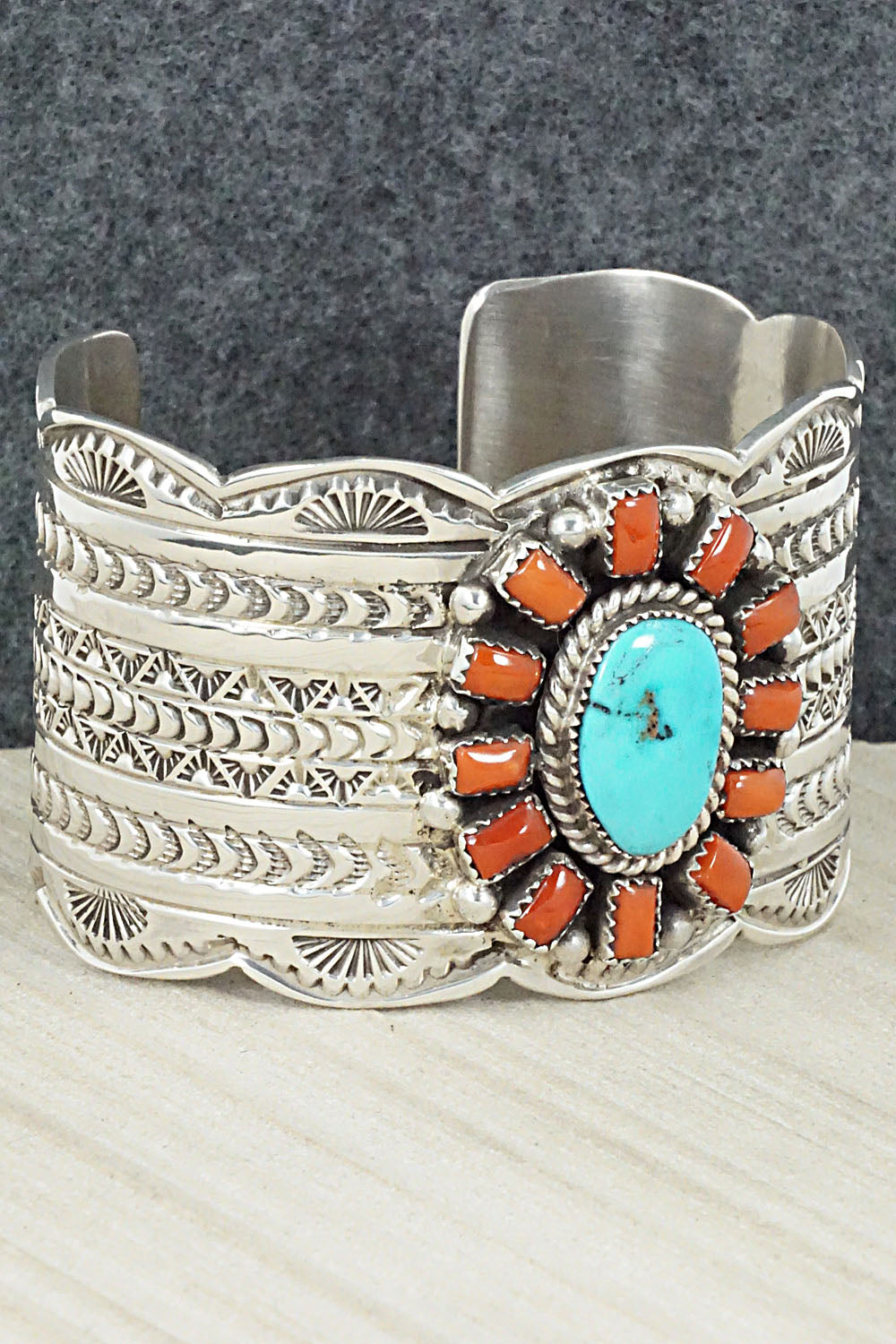 Turquoise, Coral and Sterling Silver Bracelet - Matilda Jon