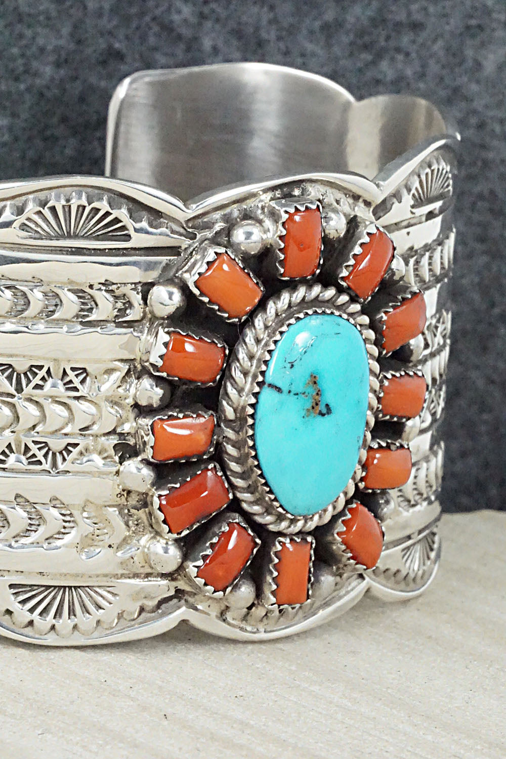 Turquoise, Coral and Sterling Silver Bracelet - Matilda Jon
