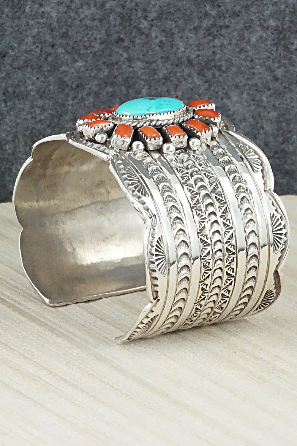 Turquoise, Coral and Sterling Silver Bracelet - Matilda Jon