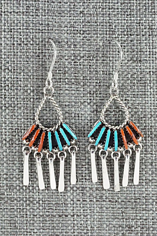 Turquoise, Coral & Sterling Silver Earrings - Edmund Cooeyate