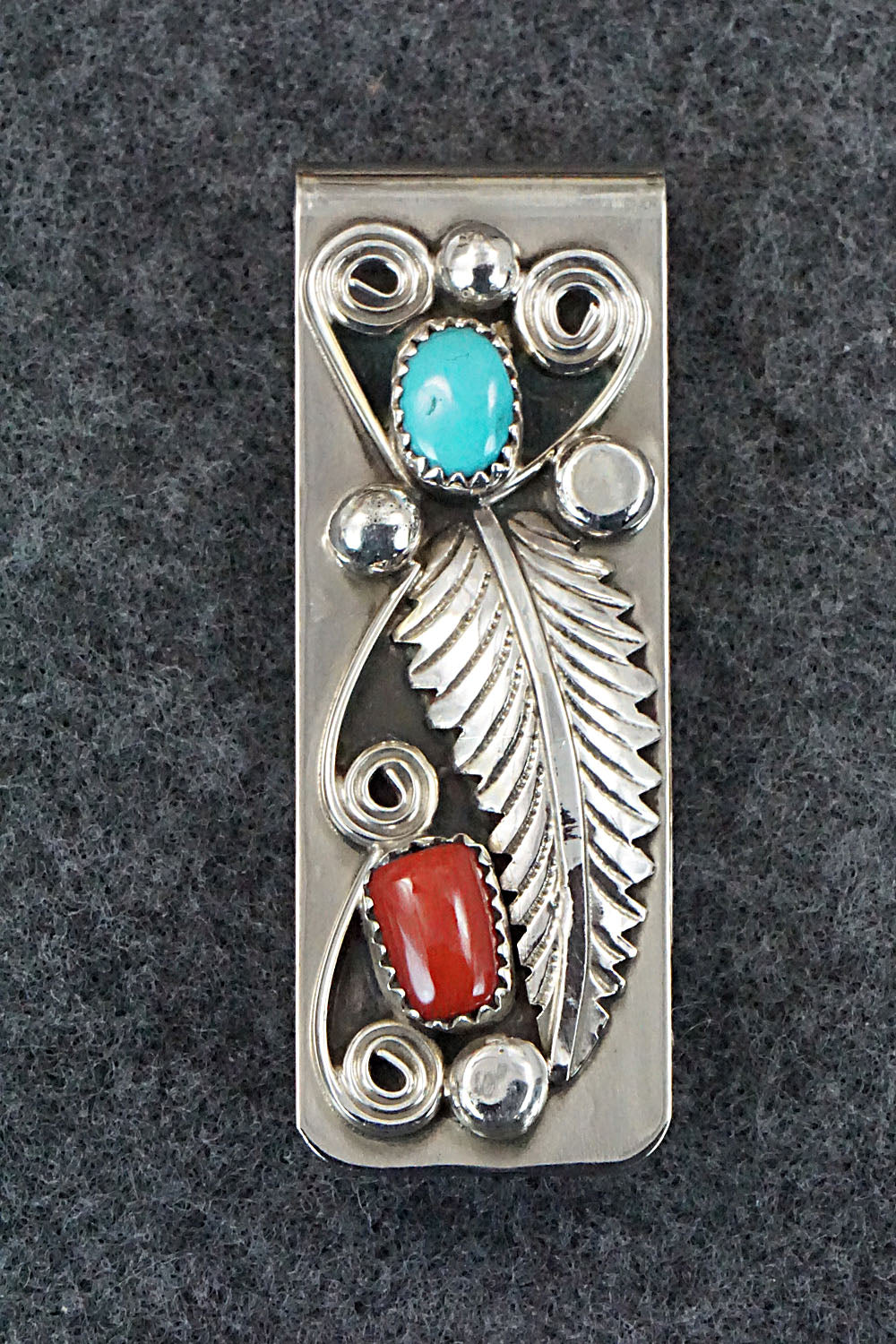 Turquoise, Coral and Sterling Silver Money Clip - Wilbur Myers
