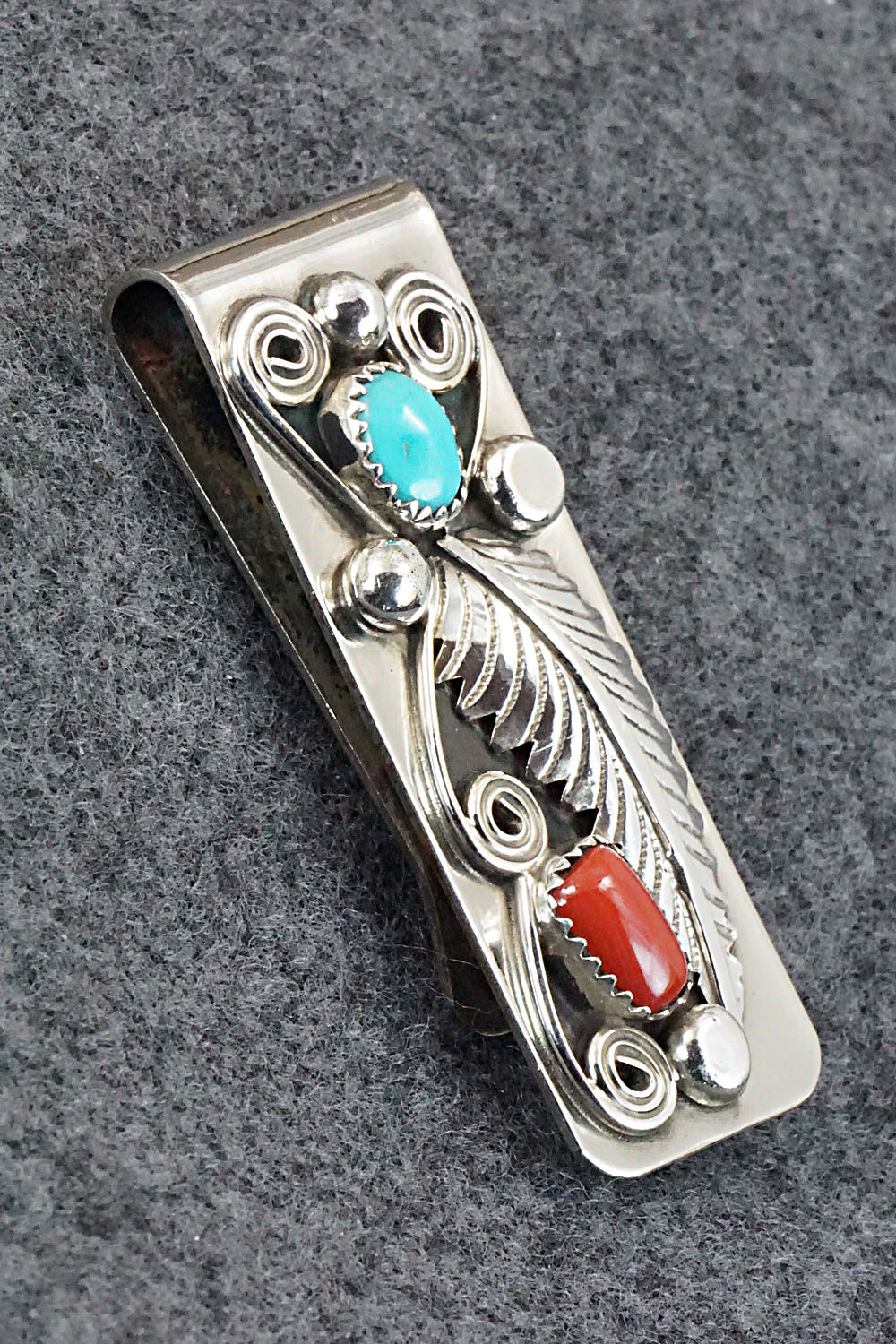 Turquoise, Coral and Sterling Silver Money Clip - Wilbur Myers