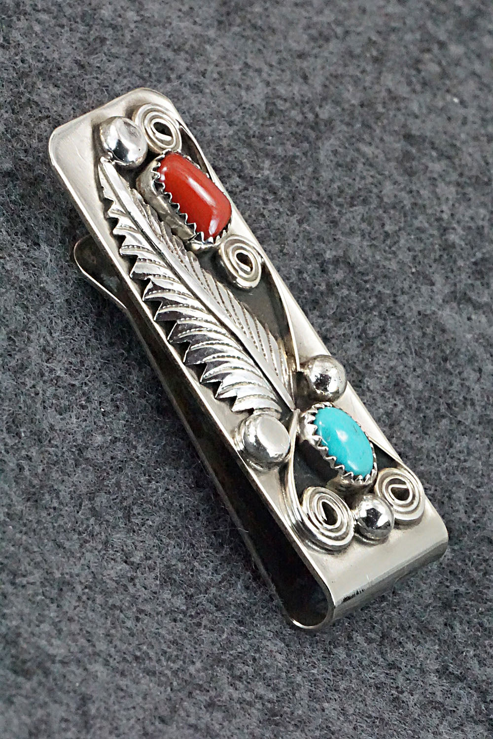 Turquoise, Coral and Sterling Silver Money Clip - Wilbur Myers