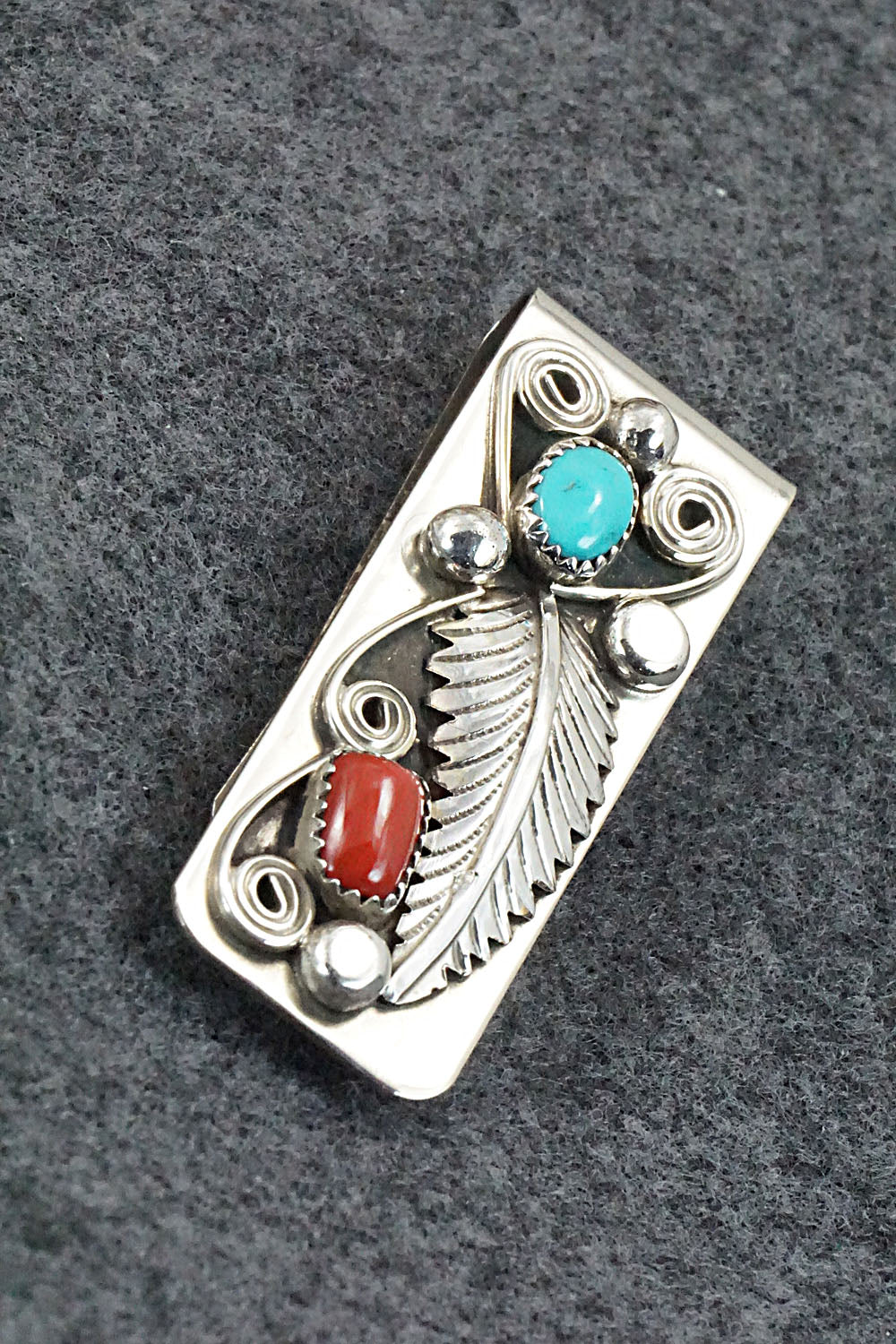Turquoise, Coral and Sterling Silver Money Clip - Wilbur Myers