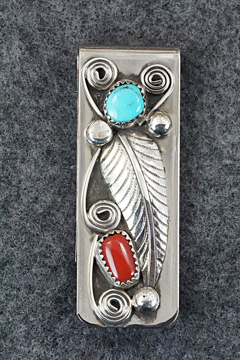 Turquoise, Coral and Sterling Silver Money Clip - Wilbur Myers