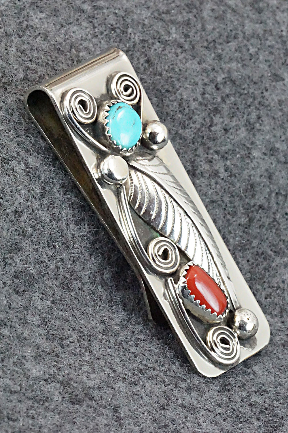 Turquoise, Coral and Sterling Silver Money Clip - Wilbur Myers
