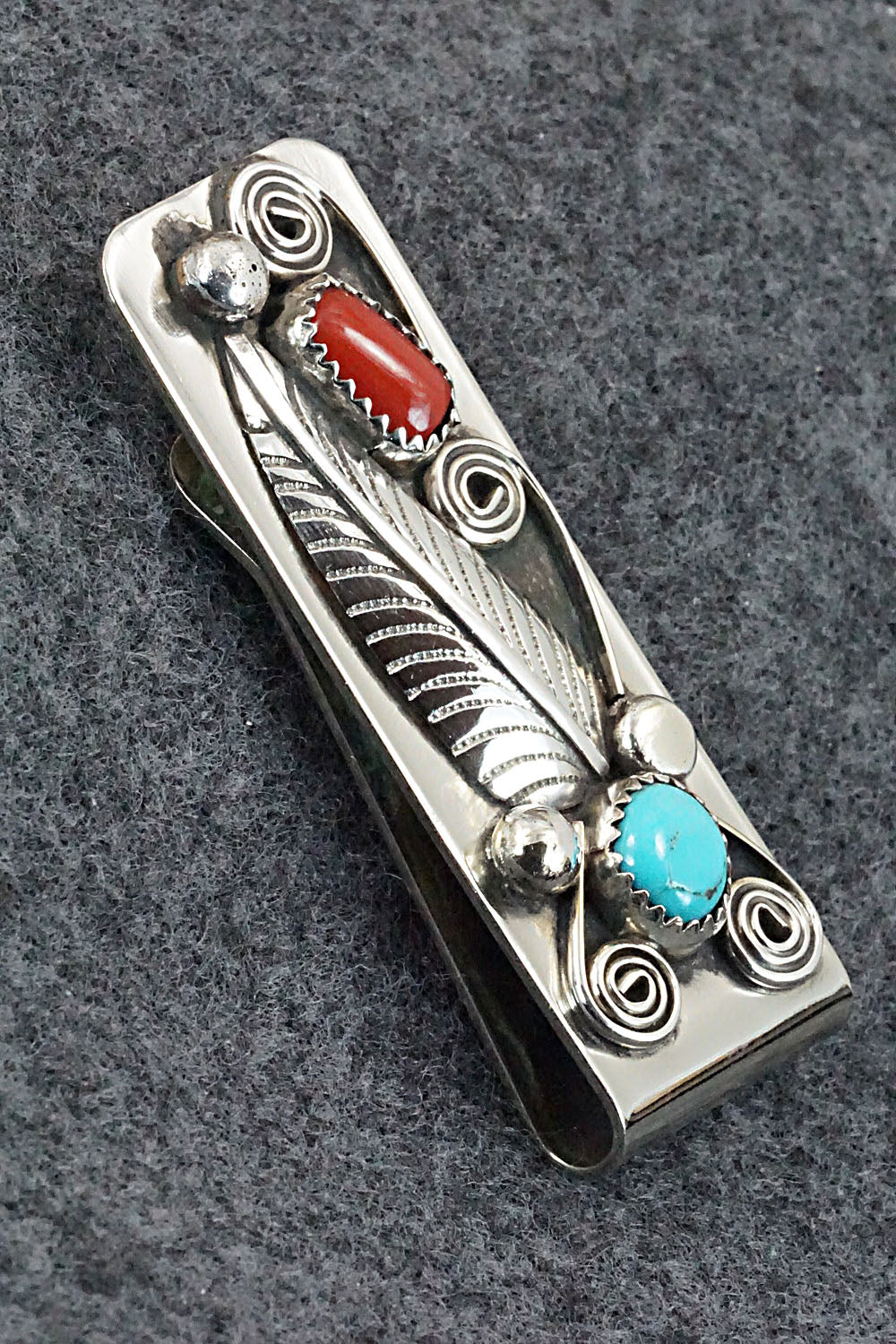 Turquoise, Coral and Sterling Silver Money Clip - Wilbur Myers
