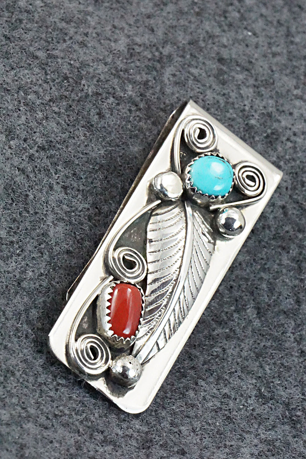 Turquoise, Coral and Sterling Silver Money Clip - Wilbur Myers