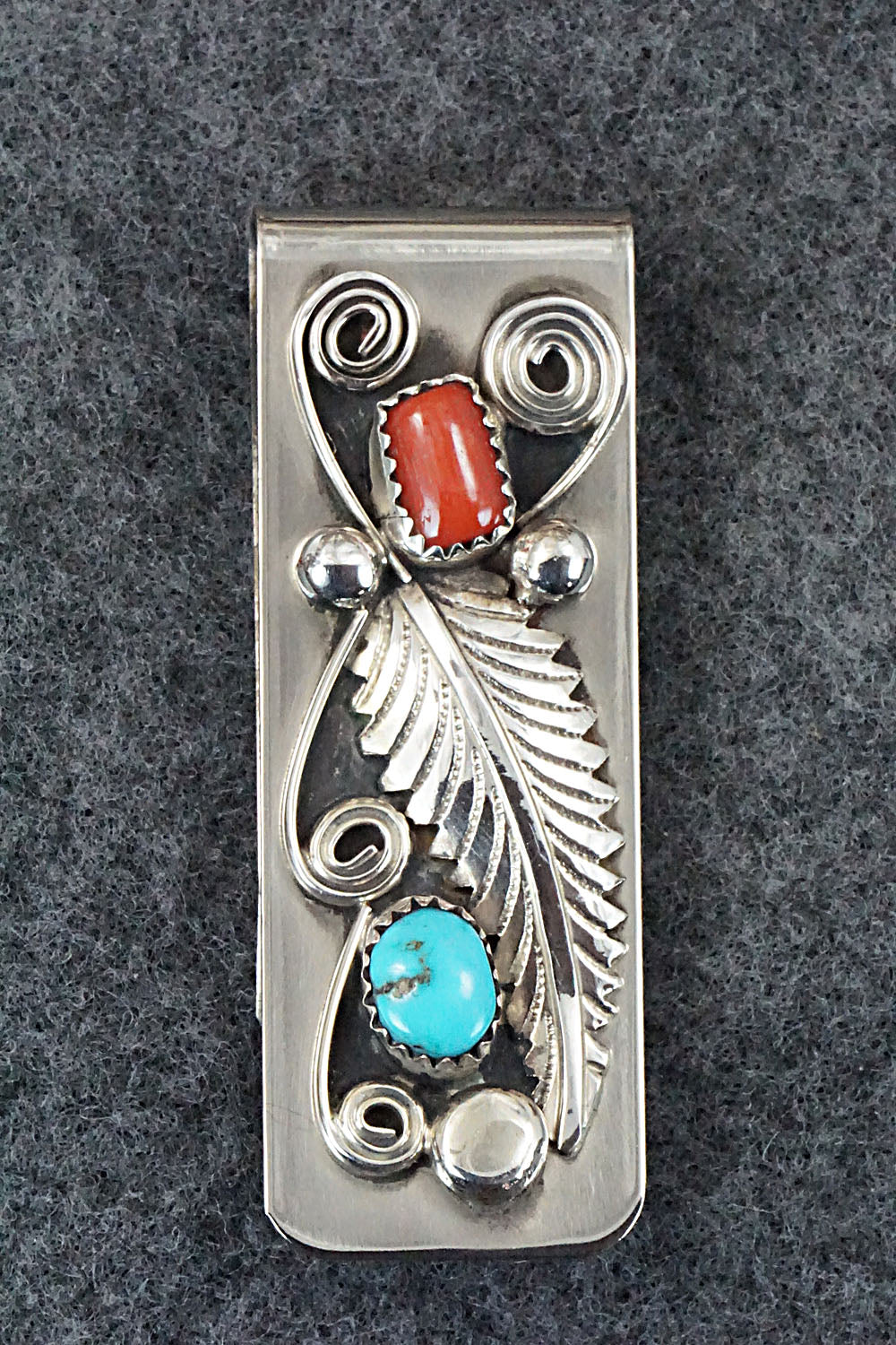 Turquoise, Coral and Sterling Silver Money Clip - Wilbur Myers