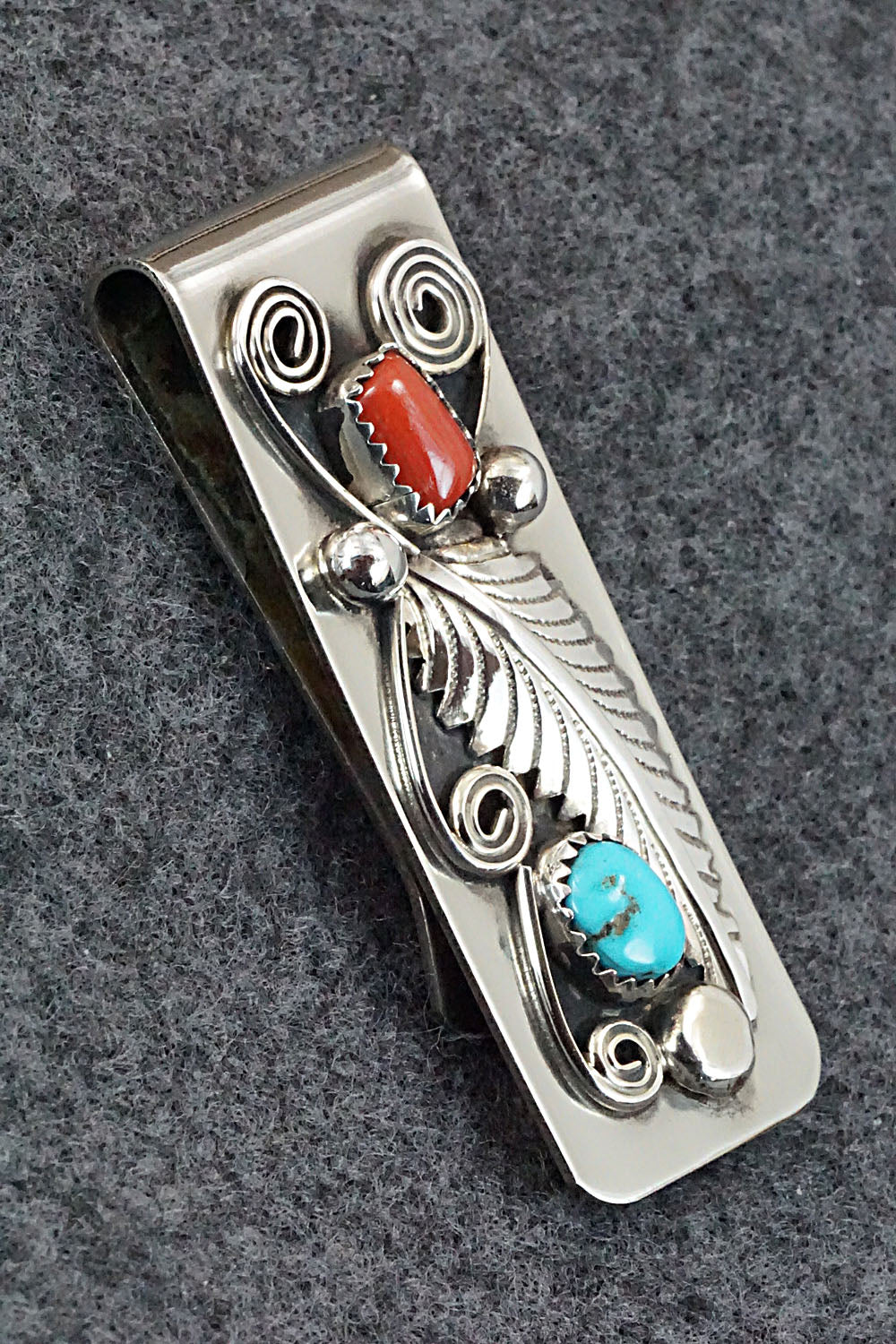 Turquoise, Coral and Sterling Silver Money Clip - Wilbur Myers