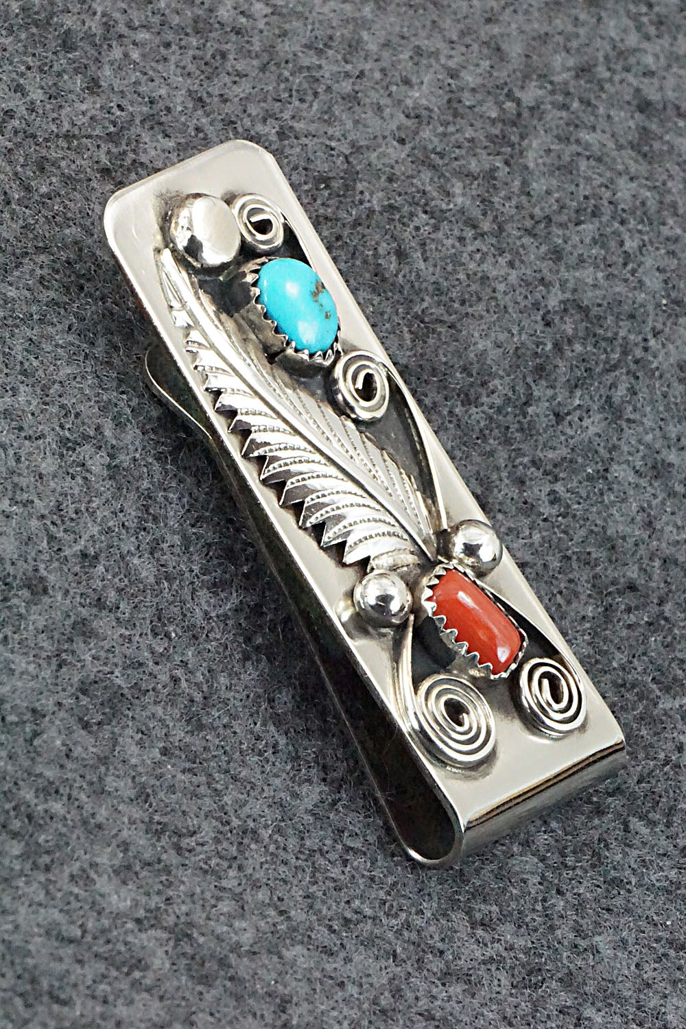 Turquoise, Coral and Sterling Silver Money Clip - Wilbur Myers