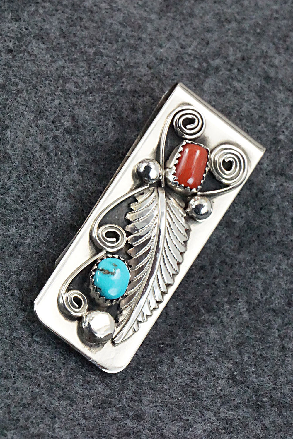 Turquoise, Coral and Sterling Silver Money Clip - Wilbur Myers
