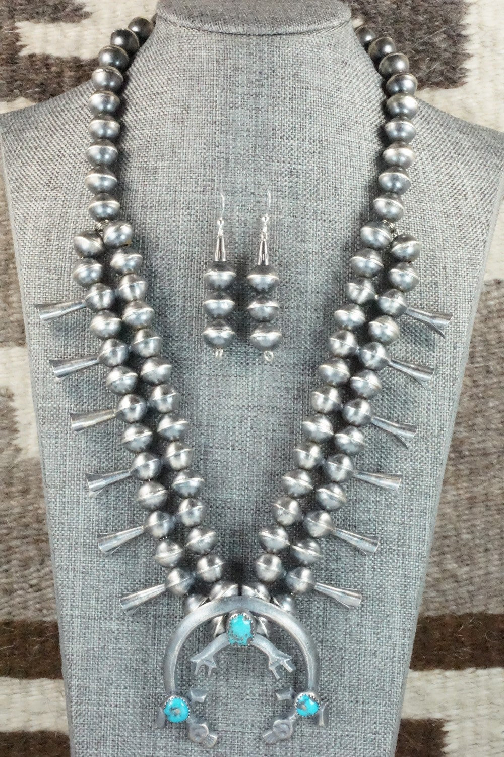 Turquoise & Sterling Silver Squash Blossom Necklace and Earrings - Gilbert Martin
