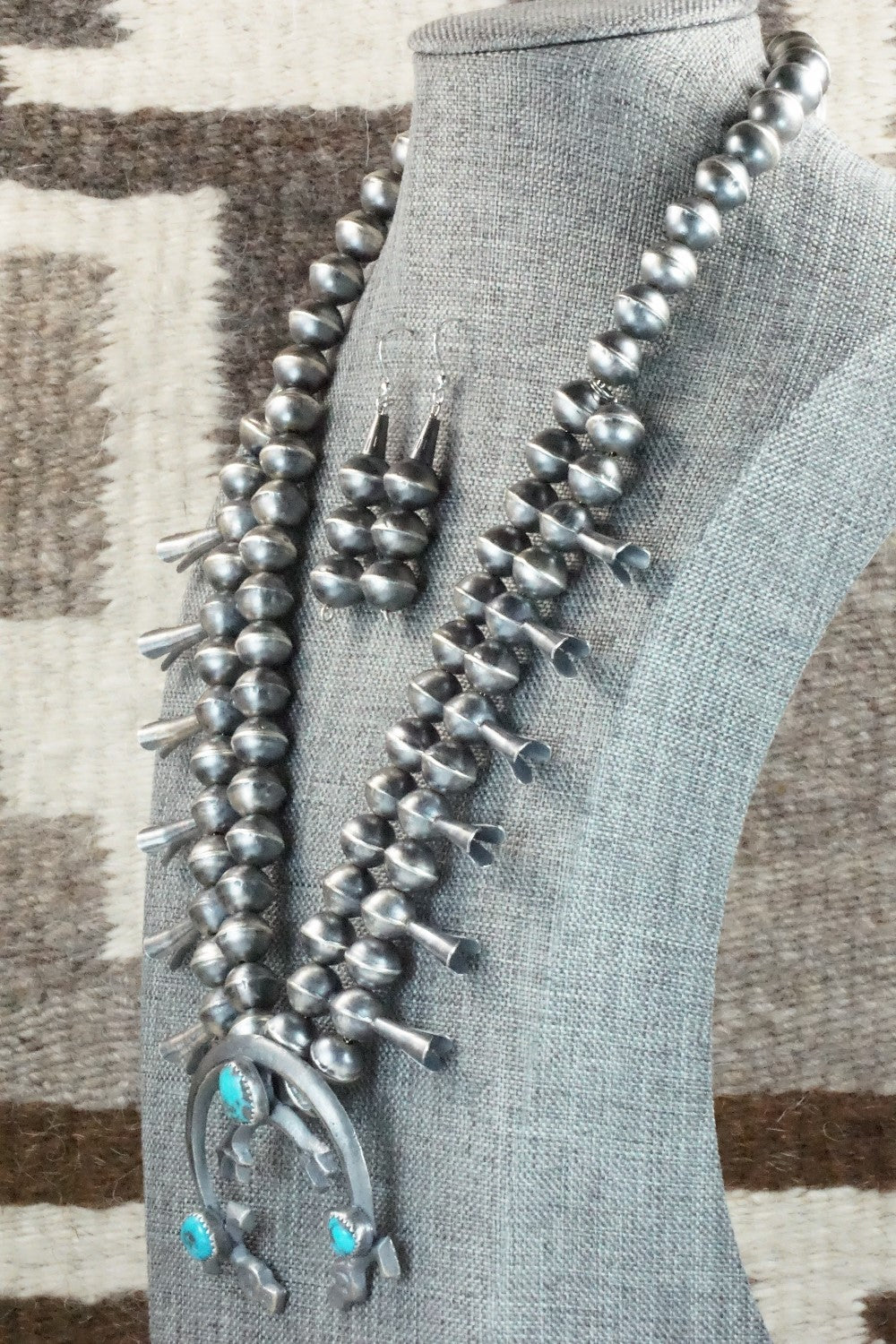 Turquoise & Sterling Silver Squash Blossom Necklace and Earrings - Gilbert Martin