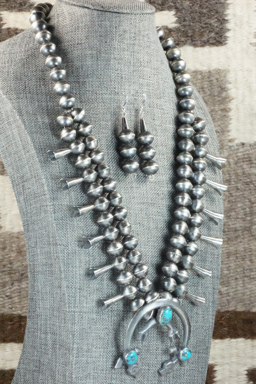 Turquoise & Sterling Silver Squash Blossom Necklace and Earrings - Gilbert Martin