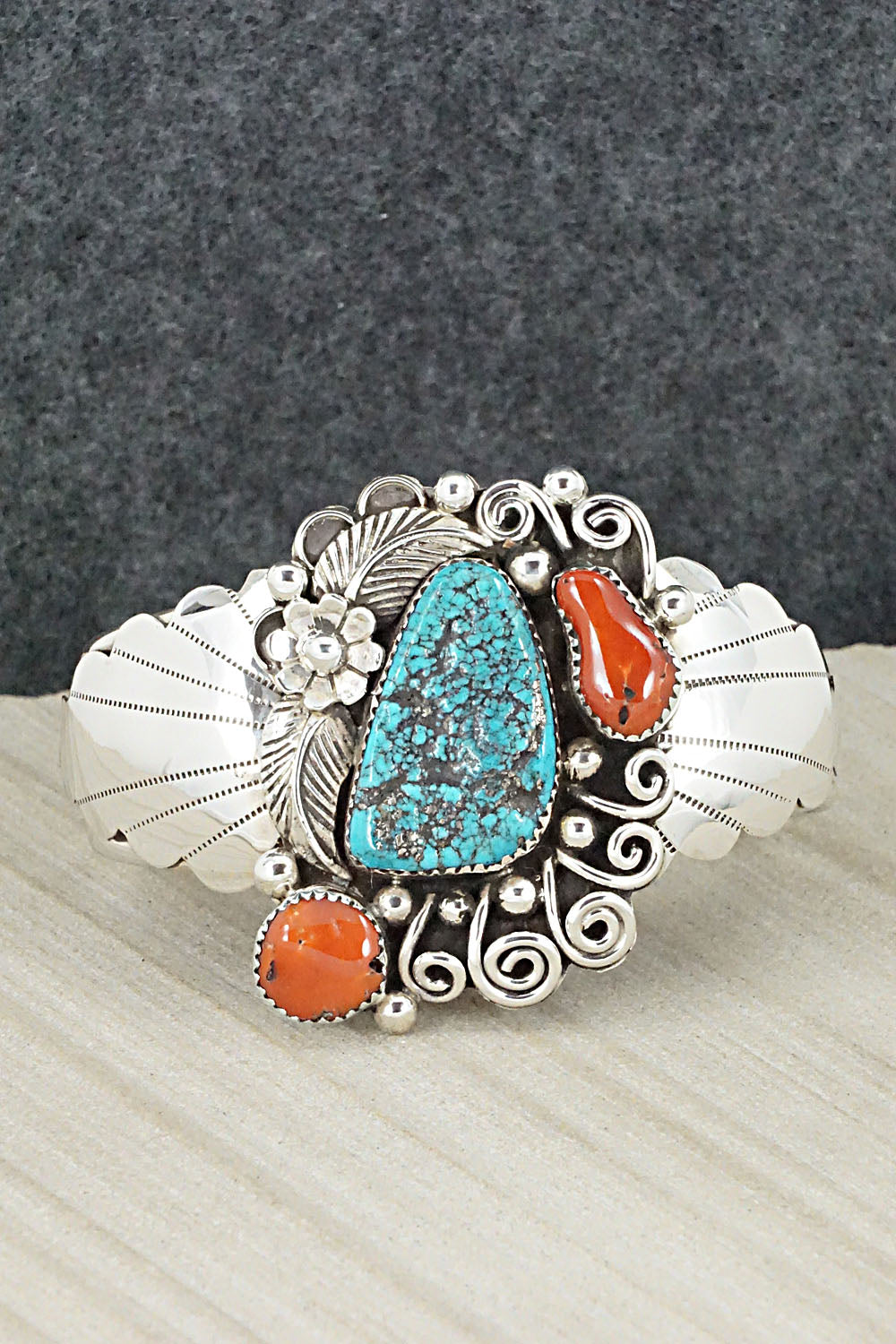 Turquoise, Coral and Sterling Silver Bracelet - Shirley Largo
