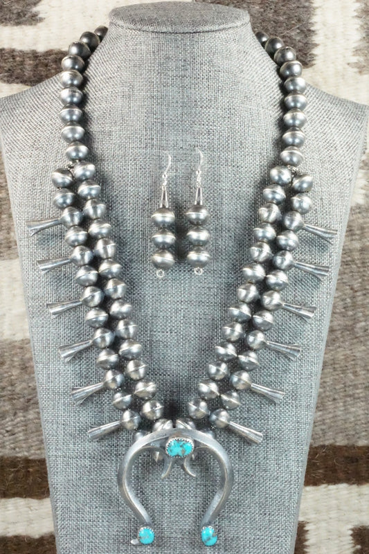 Turquoise & Sterling Silver Squash Blossom Necklace and Earrings - Gilbert Martin
