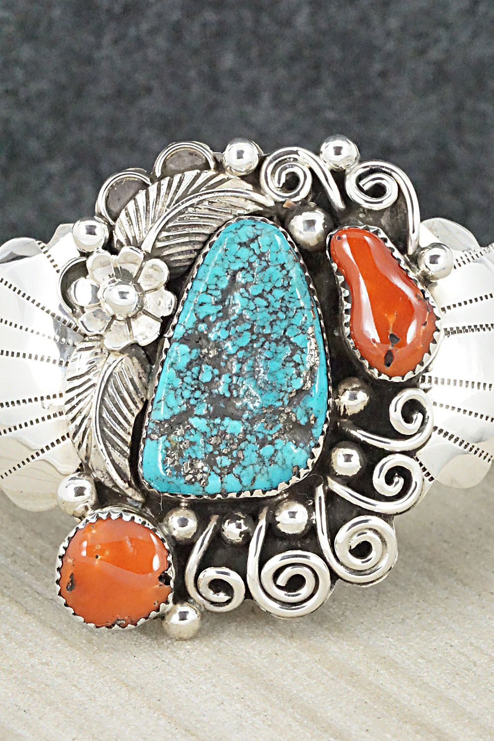 Turquoise, Coral and Sterling Silver Bracelet - Shirley Largo