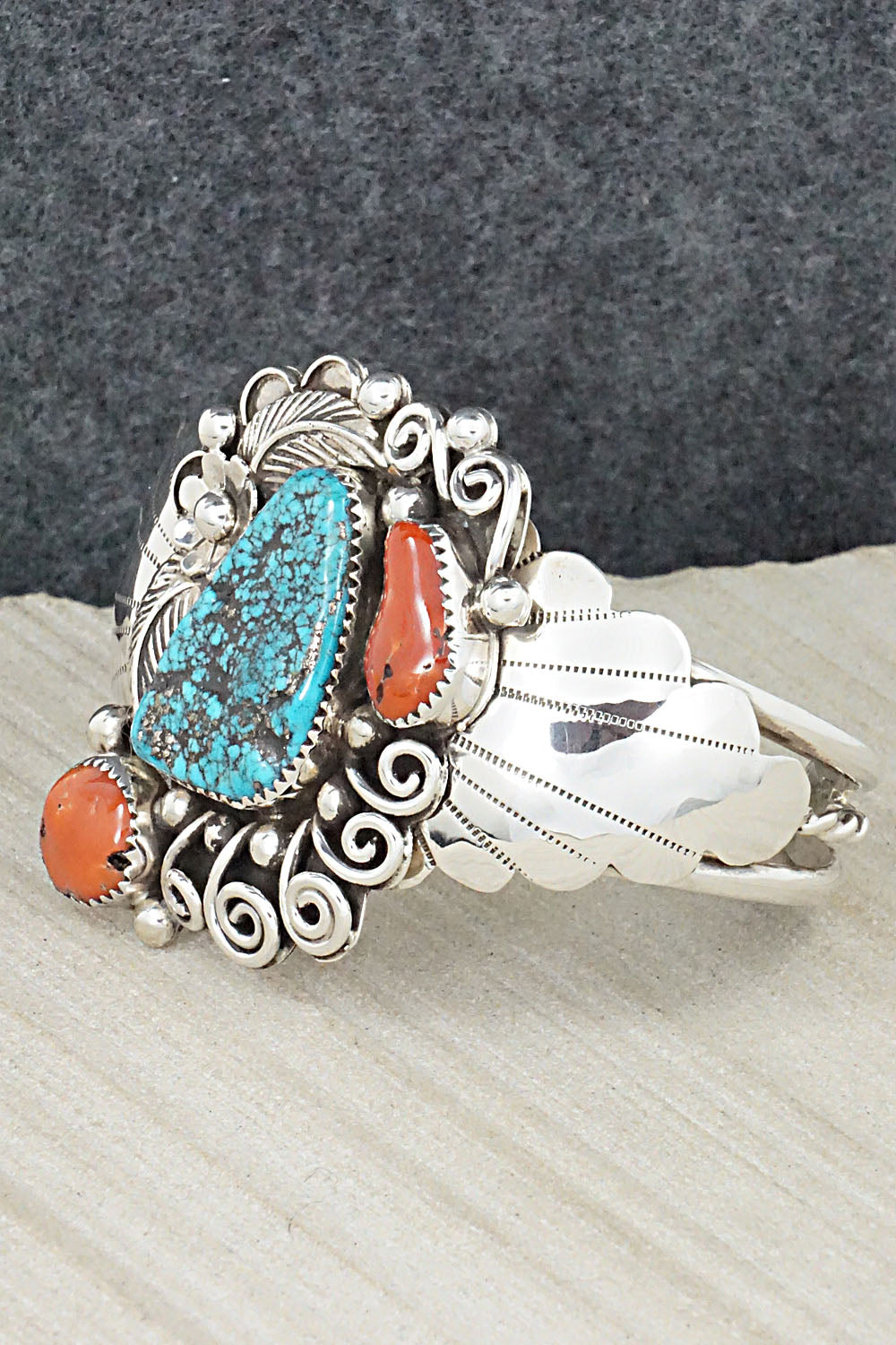 Turquoise, Coral and Sterling Silver Bracelet - Shirley Largo