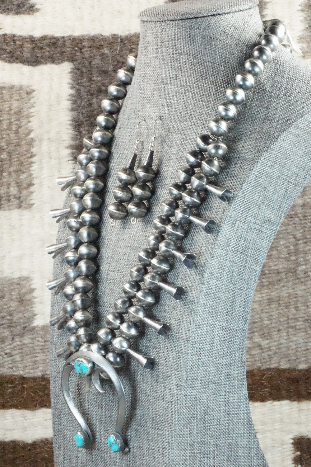 Turquoise & Sterling Silver Squash Blossom Necklace and Earrings - Gilbert Martin