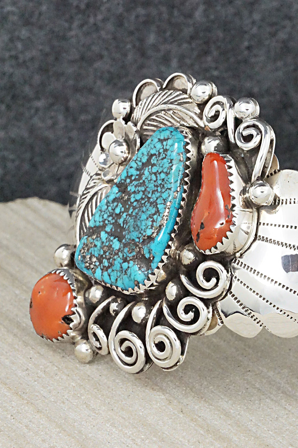 Turquoise, Coral and Sterling Silver Bracelet - Shirley Largo