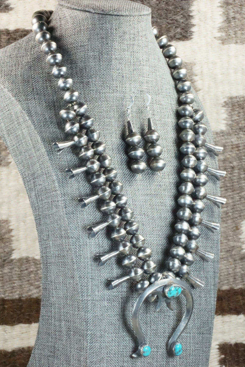 Turquoise & Sterling Silver Squash Blossom Necklace and Earrings - Gilbert Martin