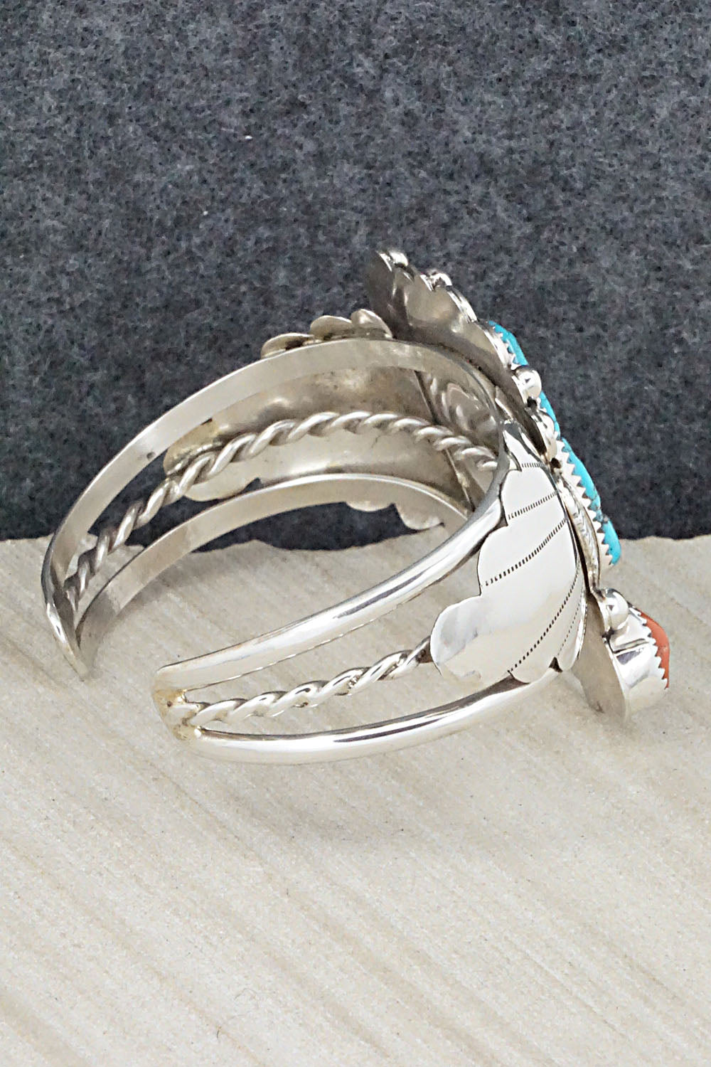 Turquoise, Coral and Sterling Silver Bracelet - Shirley Largo