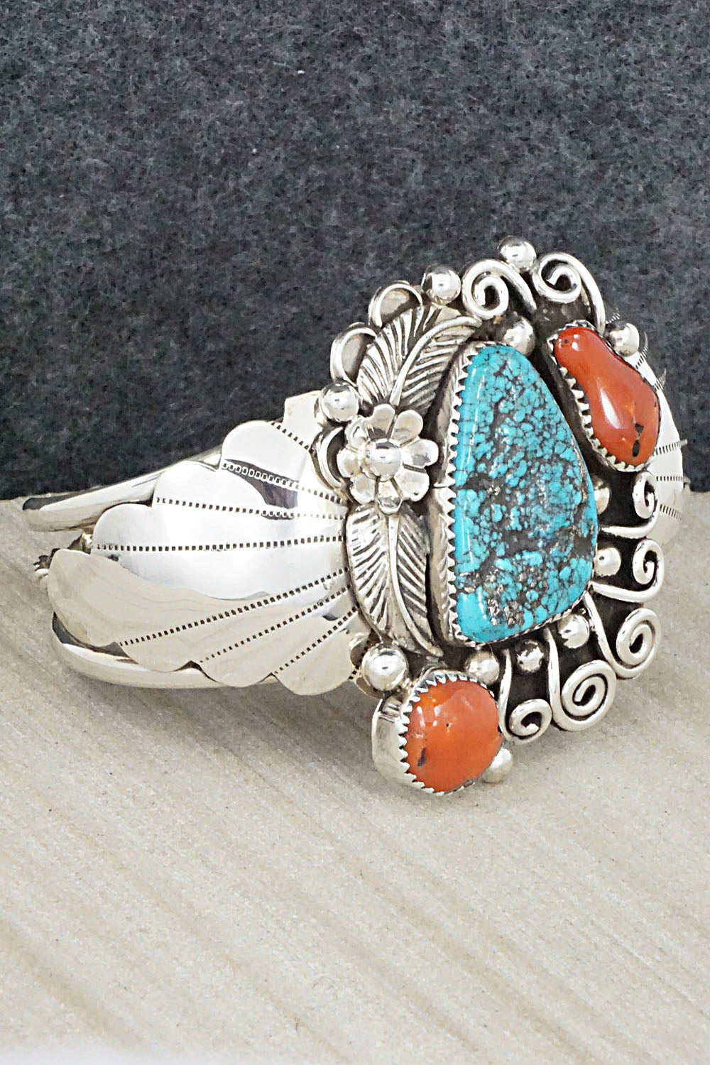Turquoise, Coral and Sterling Silver Bracelet - Shirley Largo